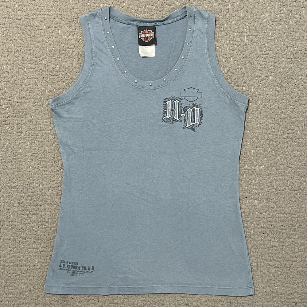 Harley Davidson T Shirt Womens M Blue Graphic Logo World Famous A D Farrow Tee